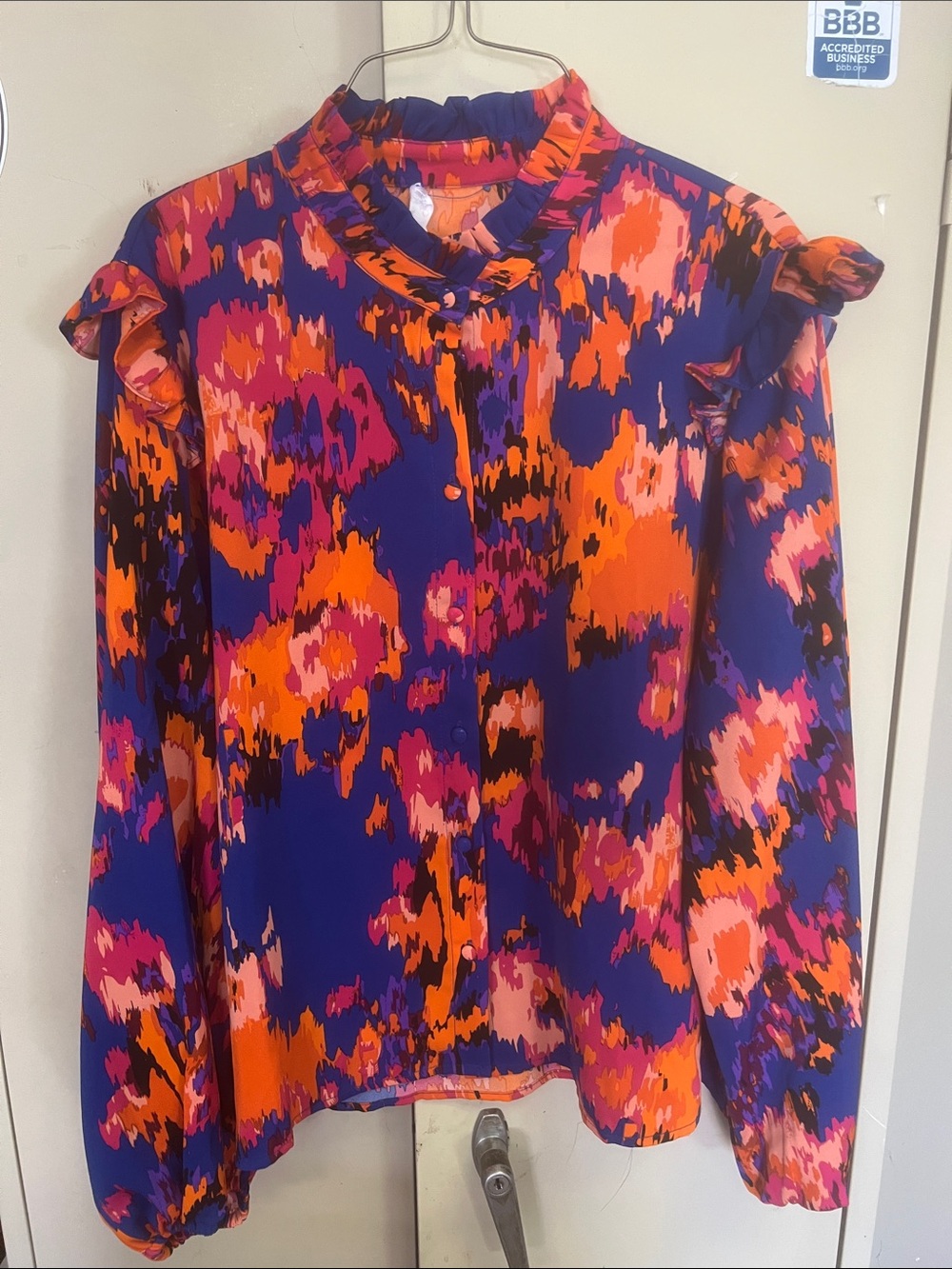 Abstract Print Ruffle-Shoulder Button Front Blouse - Purple & Orange